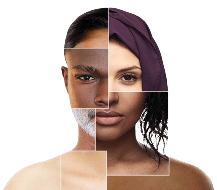 Composite face image using diverse skin tones, ages and genders symbolizing how inflammatory bowel disease can affect anyone.