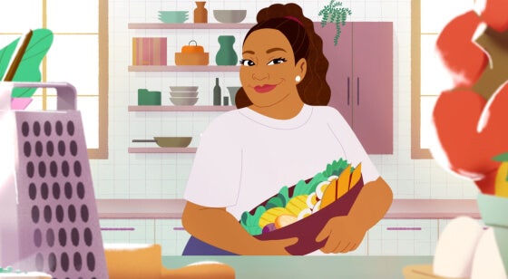 Smiling Sunny Anderson standing at a kitchen counter filled with food dishes, captioned Live Fully with Sunny Anderson