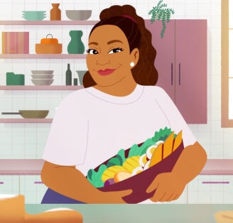 Smiling Sunny Anderson standing at a kitchen counter filled with food dishes, captioned Live Fully with Sunny Anderson